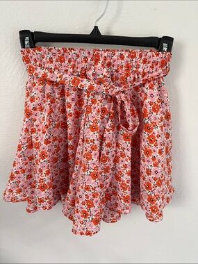Kiss The Sky - Girls' Pink & Orange Floral Elastic-Waist Shorts with Tie